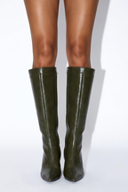 Serena pointed toe mid heel knee high boots in green by LuckyRbls