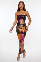 Sienna Shimmer Knit Flower Print Strapless Maxi Dress
