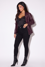 Sloane High Collar Belted Faux Leather Jacket