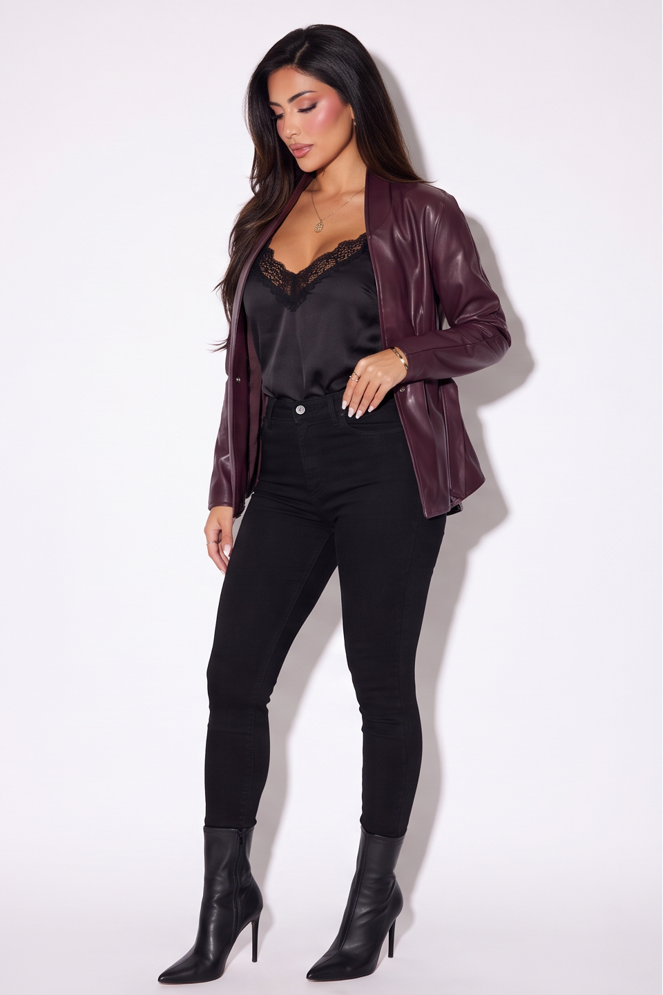 Sloane High Collar Belted Faux Leather Jacket