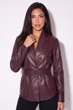 Sloane High Collar Belted Faux Leather Jacket