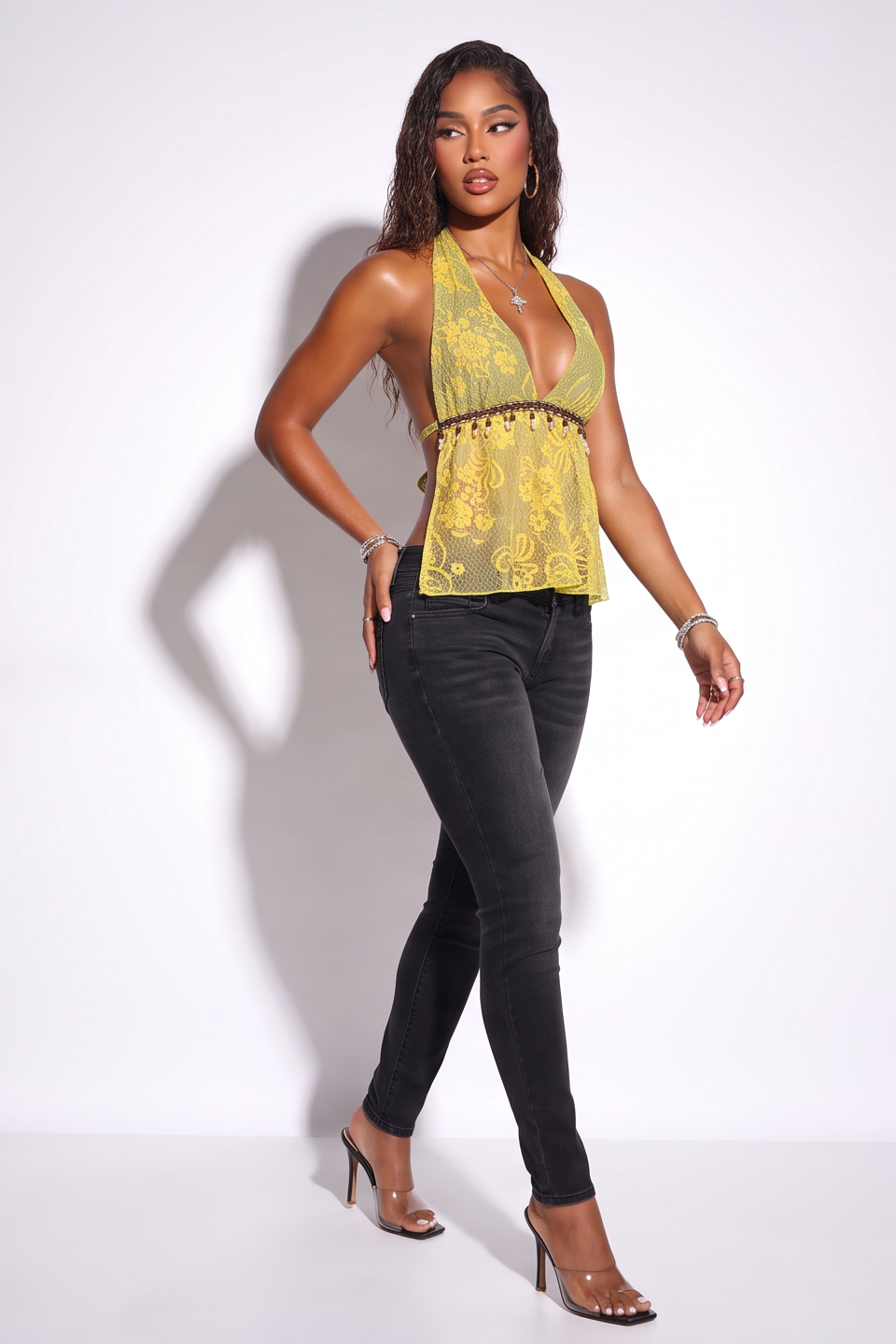 Soleil Lace Knit Open Back Halter Cami Top