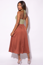 Taylor Asymmetrical Hem Satin Swing Midi Skirt