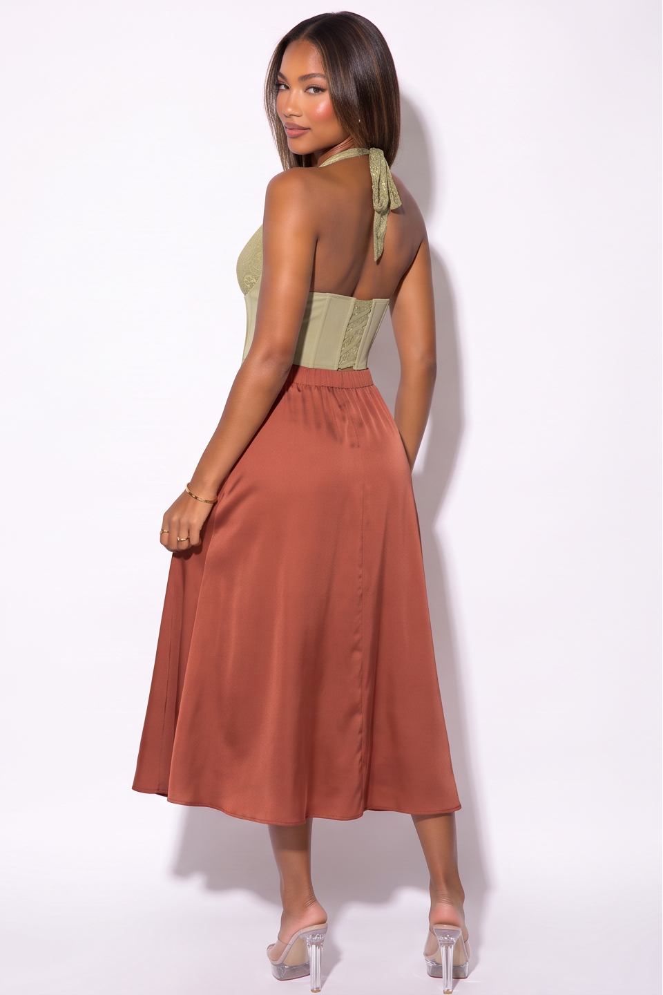 Taylor Asymmetrical Hem Satin Swing Midi Skirt