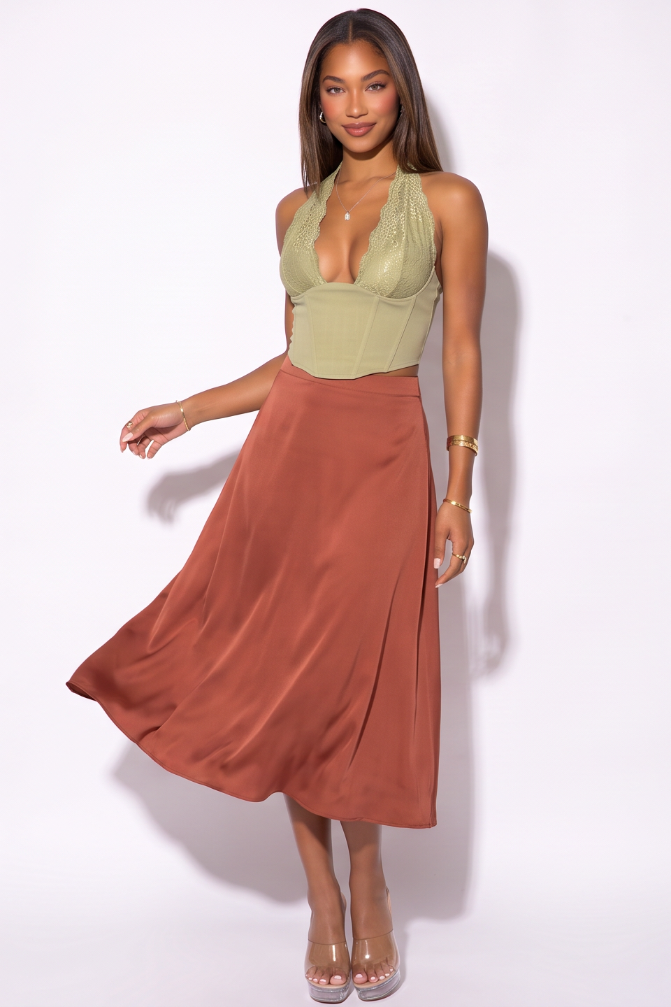 Taylor Asymmetrical Hem Satin Swing Midi Skirt