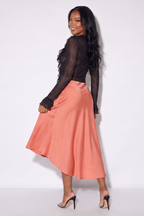 Taylor Asymmetrical Hem Satin Swing Midi Skirt