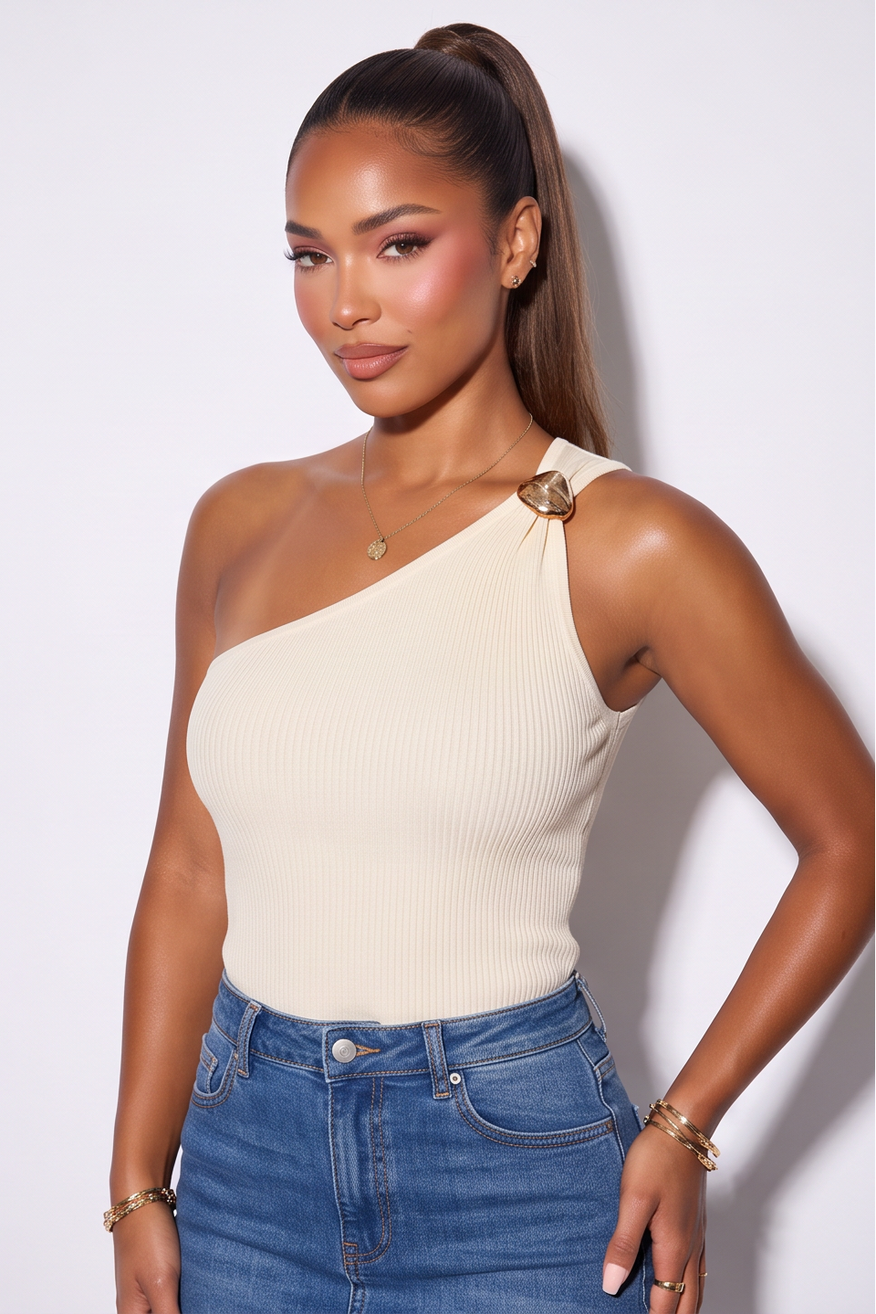 Tessa Gold Trim Rib Knit One Shoulder Top