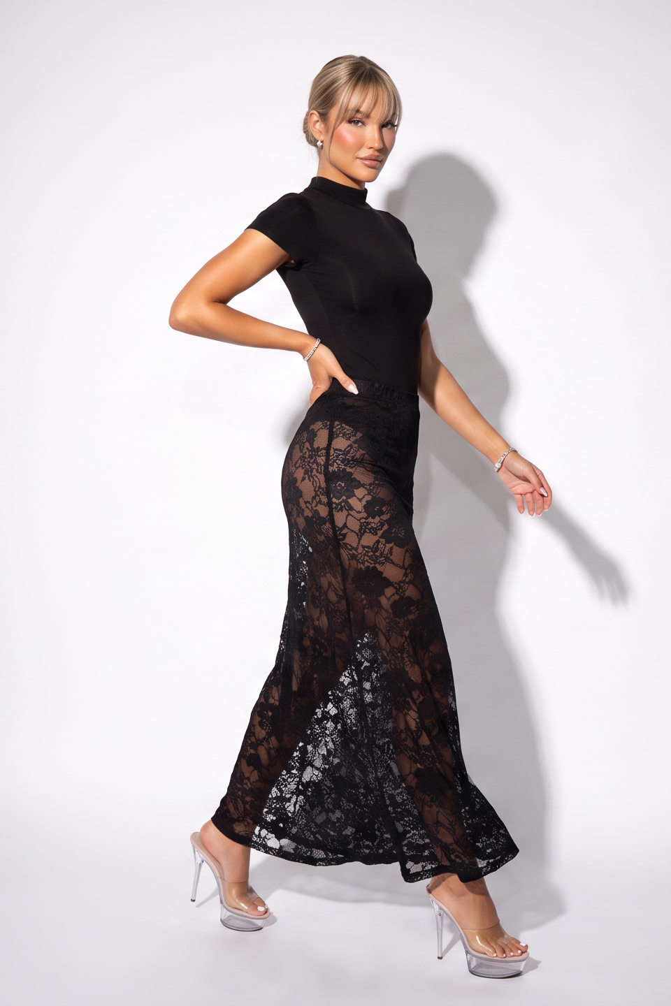 Tiffani Sheer Lace Knit Mid Rise Maxi Skirt