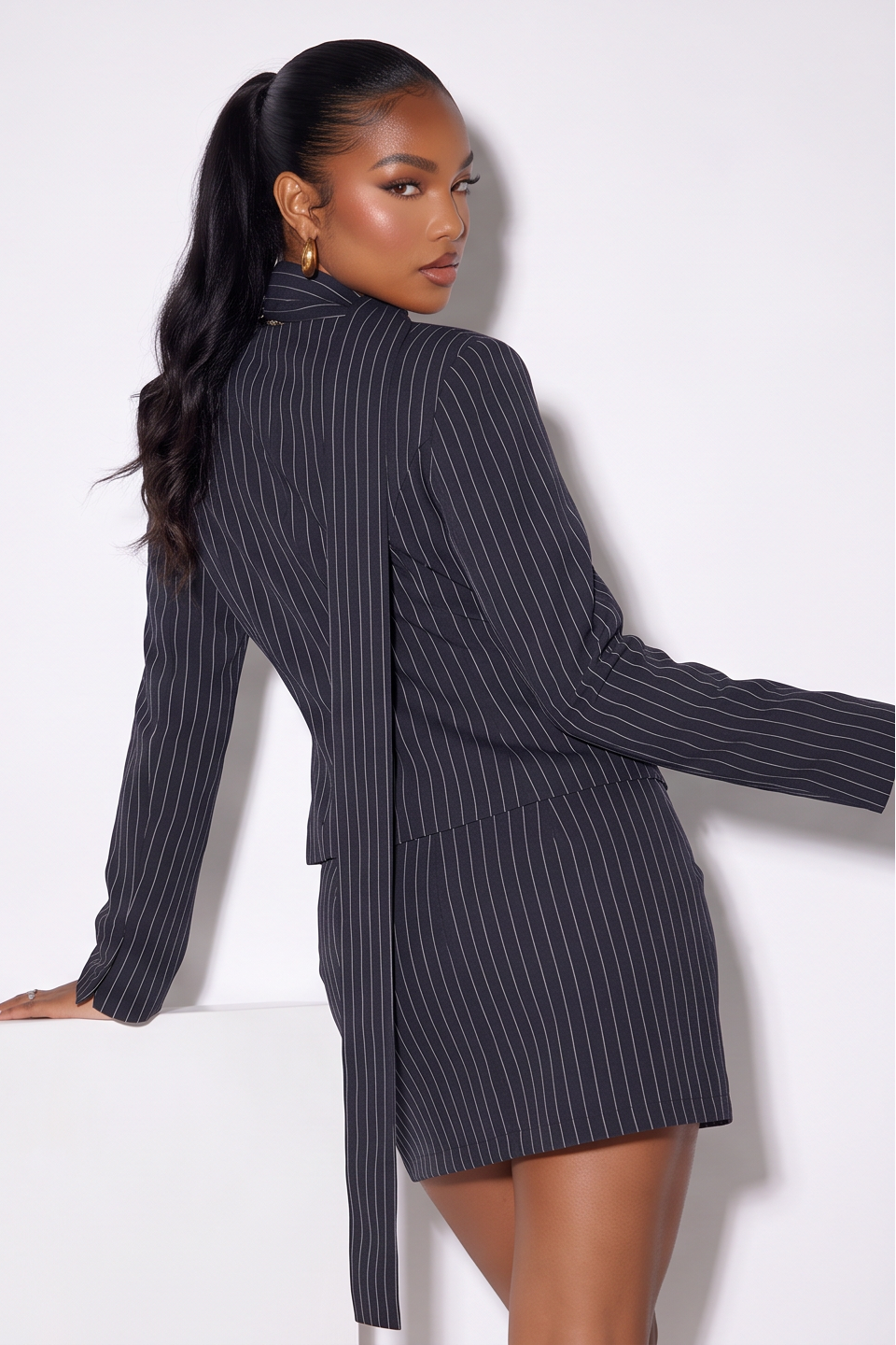 Vivian tailored pinstripe blazer and mini skirt set, alternate view of the matching blazer and skirt.