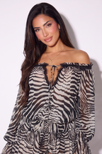 Zahara Animal Print Off Shoulder High Low Skirt Set