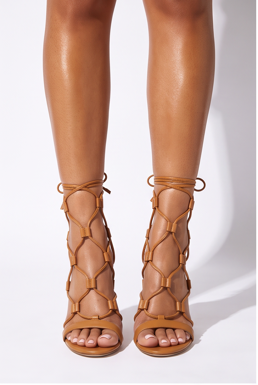 Tan strappy high heel sandals with a round toe and lace-up design, showcasing a sleek, elongated silhouette.