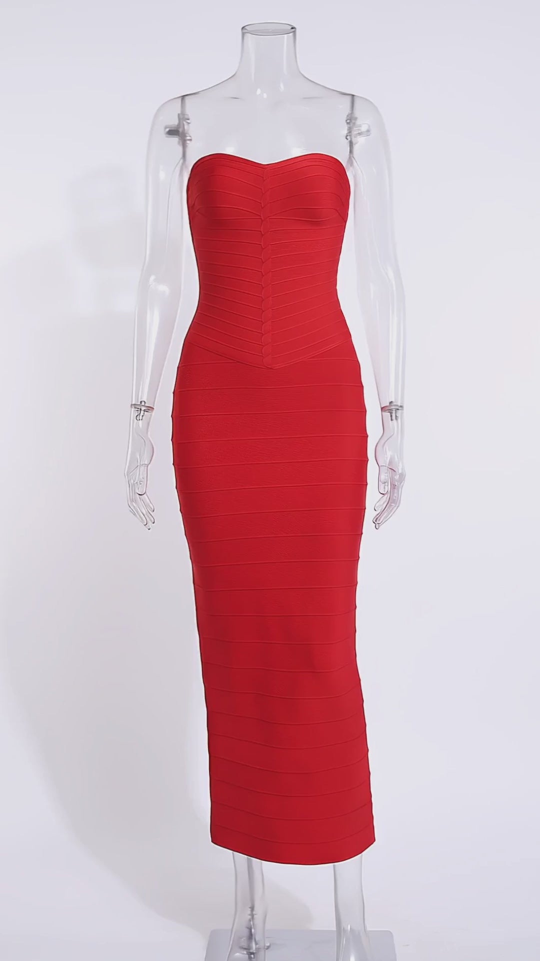 Demi Chevron Detail Strapless Bandage Maxi Dress in Red – 360 ghost mannequin rotation product video, strapless bandage maxi, white studio background – LuckyRbls
